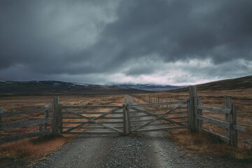 Obraz premium Explore the moody scottish highlands through rustic gate under a dramatic cloudy sky journey now