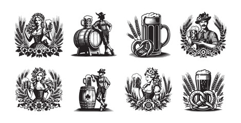 Oktoberfest Women and Men with Beer Mugs and Barrels Illustrations woman