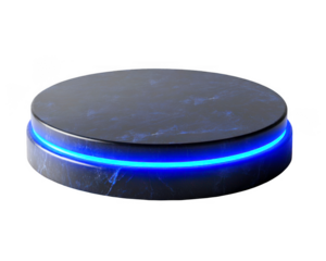 Round dark marbled platform features a bright blue light 