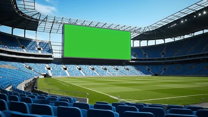 Empty Sports Stadium with Green Screen Jumbotron and Blue Seats, Ready for Content or Live Broadcast