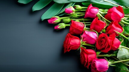 Vibrant red and pink roses on dark background with copy space