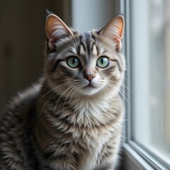 A realistic photo of an Australian Mist cat, spotted coat, big round eyes, sitting near a window, soft natural lighting