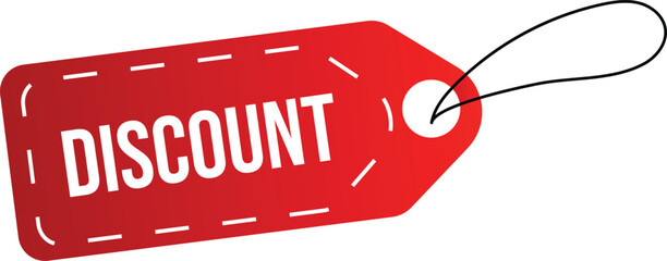 Red rectangular tag with dashed lines and the word DISCOUNT in white, attached to a string, indicating a sale or promotion