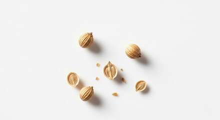 Close-up of whole and split coriander seeds scattered on a clean white background, showcasing their texture and natural form. Ideal for culinary an...