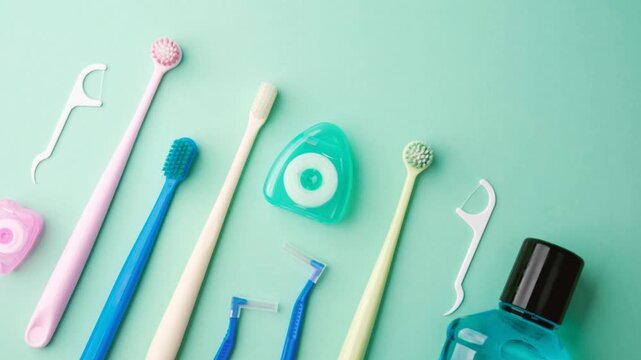 Dental hygiene tools including toothbrushes floss picks and mouthwash arranged on pastel blue background