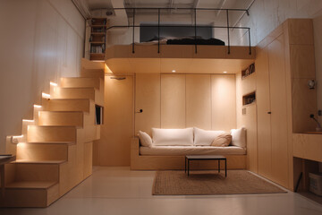 A compact loft designed with smart storage. Space-saving furniture makes it comfortable