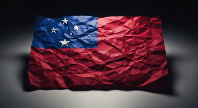 A dramatically lit, crumpled flag of Samoa on a dark background, highlighting its textured surface and national symbolism.