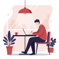 Fototapeta premium Stylized image Person at desk using laptop with cityscape view, houseplants and coffee