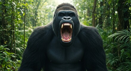 Powerful Silverback Gorilla Roars Fiercely, Baring Fangs in its Lush Green Tropical Jungle Habitat.