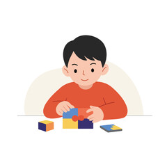 Cartoon illustration of a boy in an orange shirt assembling a colorful jigsaw puzzle