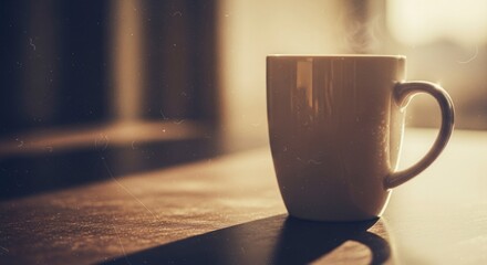 Obraz premium Cozy morning scene with a steaming hot coffee mug on a rustic wooden table, bathed in warm, soft light with vintage film grain effect.