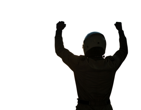 Dynamic Celebration Pose of Race Car Driver Silhouette in Action 