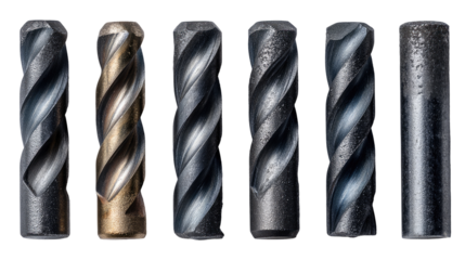 Six metal drill bits in various shades of gray and gold, arranged in a horizontal row