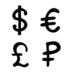 Hand drawn multiple currencies symbol set Dollar euro pound ruble