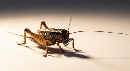 Detailed close-up of a brown cricket with long antennae on a soft gradient background, showcasing its intricate insect features.