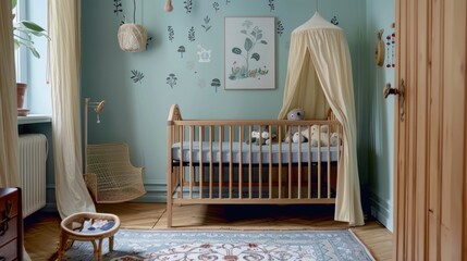 Nursery Baby Crib with Canopy Decorated with Plush Toys and Wall Art in Soft Blue Room