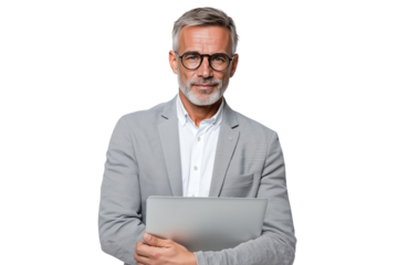 Smiling senior businessman in glasses and suit holding a laptop, ready for presentation, isolated on transparent background