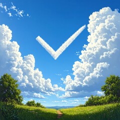 A check mark cloud in a sunny landscape
