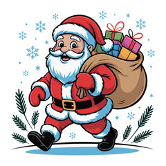 Cartoon Santa Claus Carrying a Sack Full of Christmas Gifts Vector Illustration