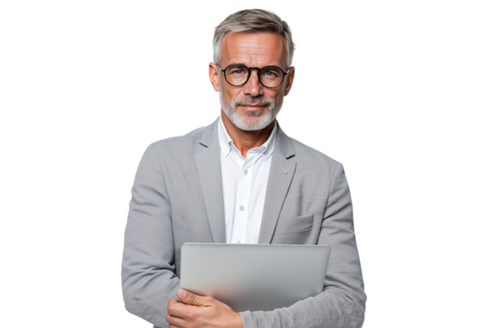Smiling senior businessman in glasses and suit holding a laptop, ready for presentation, isolated on transparent background