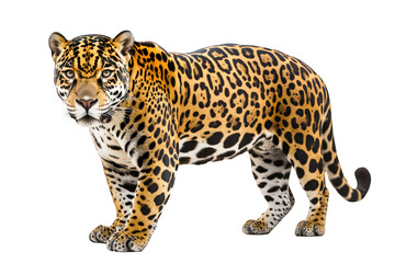 Fototapeta premium Majestic jaguar standing alert, showcasing its striking coat pattern, isolated on transparent background its powerful build and focused gaze convey strength and grace