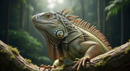 Obraz premium Majestic green iguana with intricate scales and spines, resting on a mossy branch in its natural tropical habitat, bathed in soft jungle light.