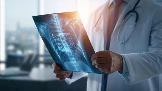 Doctor medical professional examining chest x ray scan highlighting lung area spine ribs bones healthcare hospital radiology diagnosis anatomy thorax medical imaging patient care examination