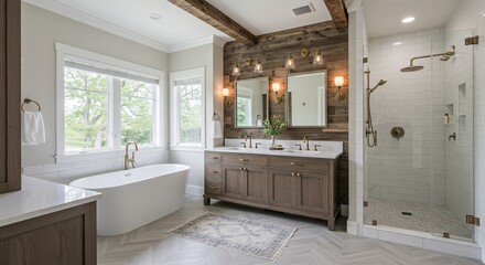 Modern farmhouse bathroom with freestanding tub, double vanity, rustic wood wall, and elegant brass fixtures.