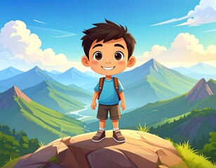 A cheerful boy stands on a mountaintop overlooking a valley