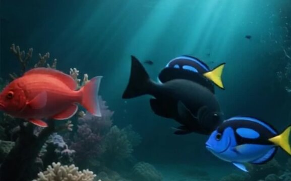  Three colorful fish, including a blue tang and a red fish, are swimming among vibrant coral reefs in a sunlit underwater scene. The fish are positioned in a group, with a focus on their distinct colo