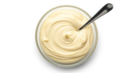 Top view of creamy mayonnaise in a glass bowl with a spoon, isolated on a white background. Perfect for food and culinary projects.