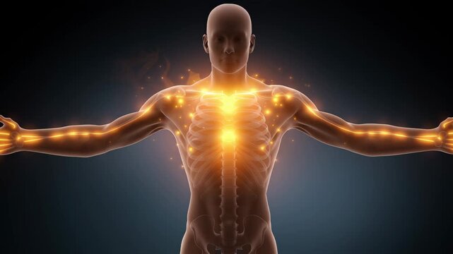 A glowing human silhouette with fiery energy inside the torso, symbolizing body metabolism and energy burning.