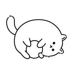 Cute chubby cartoon cat playing with a ball, adorable vector illustration for pets, children, and kawaii designs. Minimalist cartoon cat line art outline illustration.