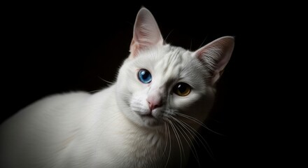 Fototapeta premium Captivating white cat with striking heterochromia, one blue eye and one yellow eye, looking directly at the camera against a dramatic black backgro...