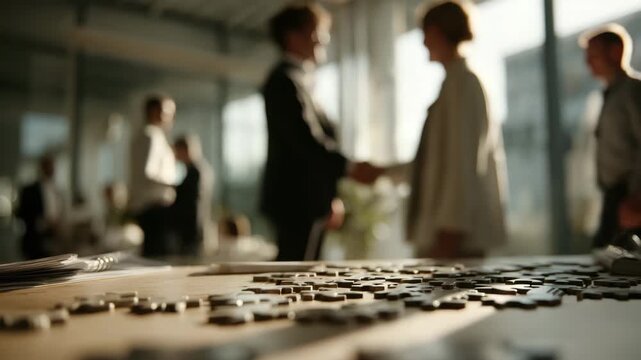 Business meeting handshake in office with people around wooden table featuring scattered letter tiles and puzzle pieces under warm sunlight creating professional atmosphere