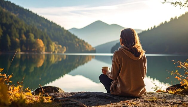 Woman meditating by lake at sunrise