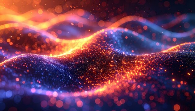 Vibrant abstract digital wave of glowing orange and blue particles.