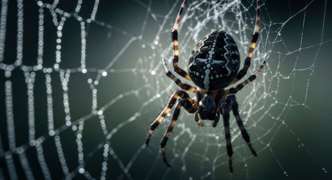 Macro shot of a European garden spider (Araneus diadematus) on its dew-covered web. Intricate details of nature and delicate beauty.