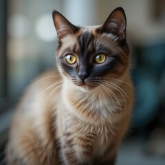 A realistic photo of a Burmese cat, golden eyes, sleek brown fur, sitting elegantly indoors, professional stock style