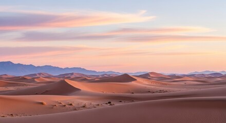 Naklejka premium Stunning desert landscape at sunrise/sunset with undulating sand dunes and distant mountains under a pastel sky. Serene and vast natural beauty.