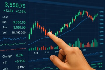 Hand Pointing at Stock Market Data on Digital Display with Graph and Financial Information