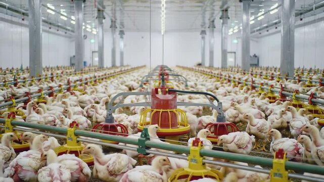 Broiler chickens in a large modern industrial poultry farm with automated feeding systems.