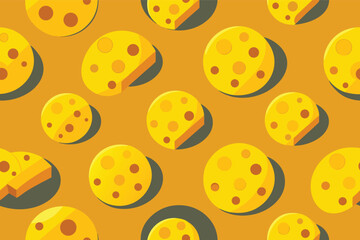 Fototapeta premium Bright yellow cheese pattern on a vibrant orange background showing different cheese shapes and textures