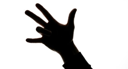 Dramatic silhouette of a human hand showing three fingers against a bright white background, symbolizing number three, counting, or a gesture.