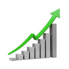 Growth chart with upward arrow 3d rendered, isolated on transparent background