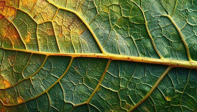 Close up macro view of a vibrant green leaf with intricate vein patterns and hints of yellow and orange.