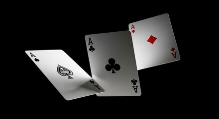 Obraz premium Three aces, spade, club, and diamond, dramatically float against a dark background, symbolizing chance, success, and high stakes in games.