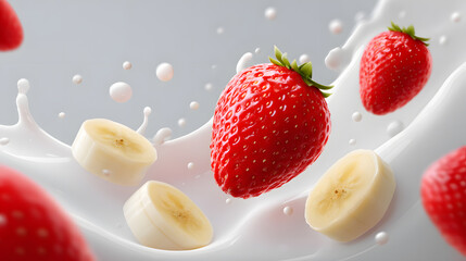 Strawberry and Banana Splash: A vibrant and dynamic photo showcasing the beauty of a burst of fresh milk as it collides with slices of banana and whole, luscious strawberries.