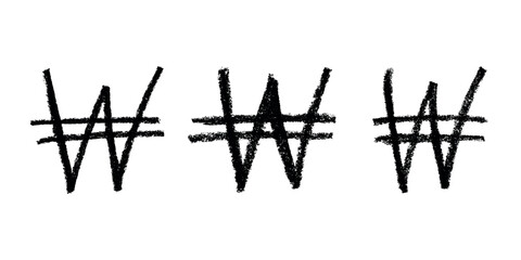 Set of hand drawn won currency symbol. Brush stroke doodle. Single element for design