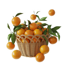 Basket of fresh oranges with leaves isolated on transparent background